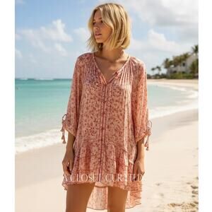 Poupette St Barth Floral Cotton Poncho Cover Up Dress One Size Orange Large